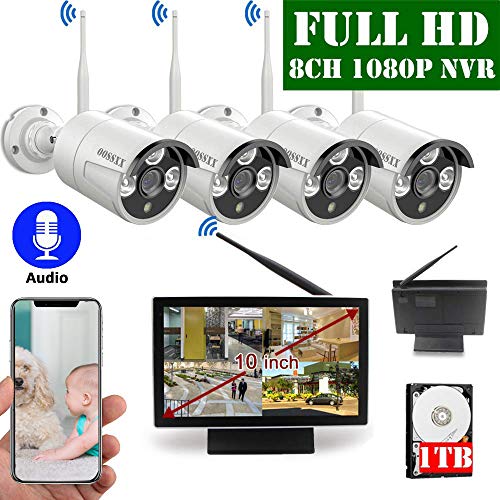 【2020 Update】 10 inch Screen HD 1080P 8-Channel Outdoor Wireless Security Camera System,4pcs