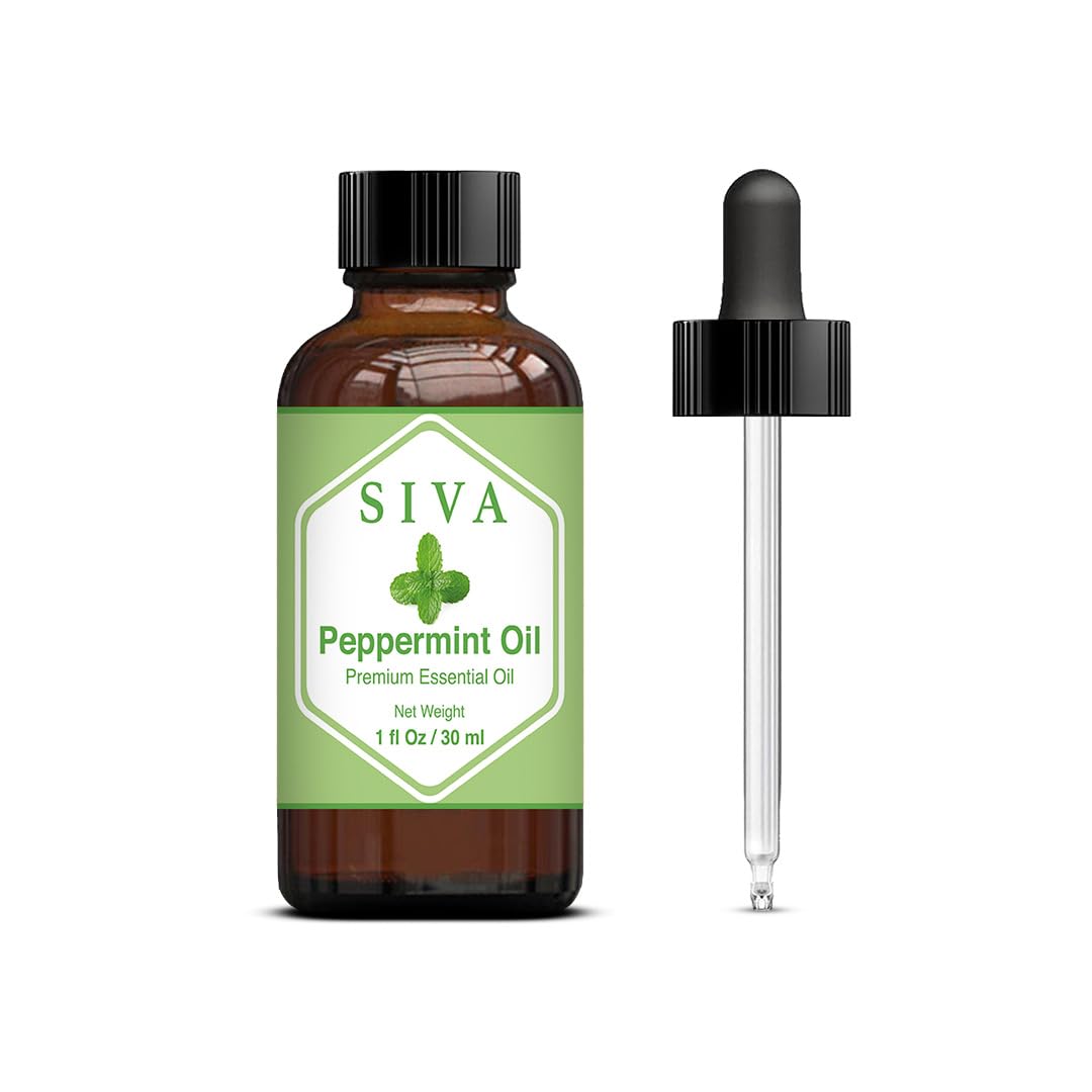 SIVA Peppermint Essential Oil - 1 Fl Oz – Natural Peppermint Oil - for Diffuser, Face, Skin Care, Aromatherapy, Hair Care, Scalp and Body Massage - with Dropper