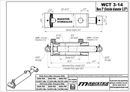Image of Magister Hydraulic Cylinder 3 inch Bore x 14 inch Stroke, Welded Hydraulic Ram with Cross Tube Ends, Double Acting Hydraulic Piston 3500 PSI (WCT 3x14)