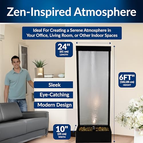 Image of Alpine Corporation MLT170L 72 inch Waterfall Fountain with LED Light Cascading Textured Glass & Aluminum Floor Design, Indoor, Black