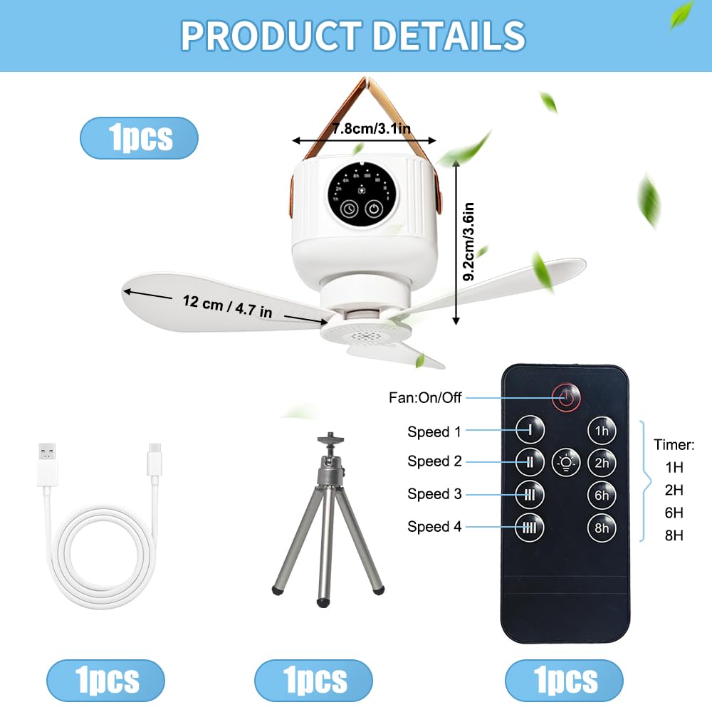 Deckenventilator mit Beleuchtung Camping,Outdoor Kleiner Deckenventilator mit Akku,Camping-Ventilator mit drahtloser Fernbedienung,Leise,USB,Timer,Pavillon Terrasse,Sonnenschirm