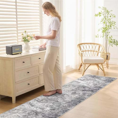2X8 Washable Runner Rug for Hallway: Soft Neutral Modern Abstract Area Rug - Non-Slip Low Pile Long Throw Indoor Carpet for Kitchen Entryway Kitchen Bedroom Laundry - Grey