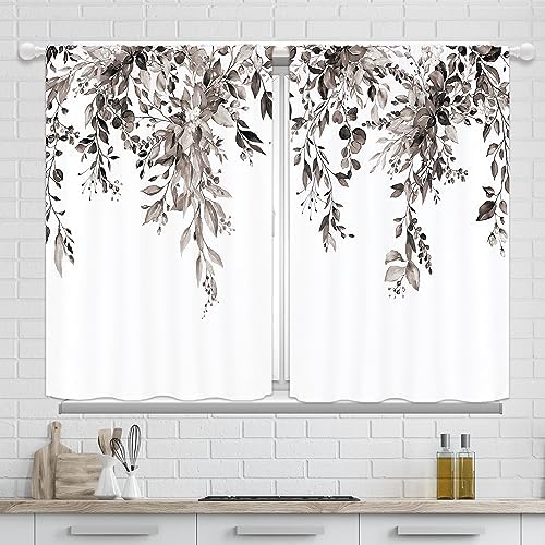 Yorida Black Grey Floral Kitchen Curtains Eucalyptus Leaves Small Short Window Drapes Botanical Curtains for Kitchen Watercolor Flower Bathroom Curtains Window Treatment Tiers 27.5×39 Inch 2 Panels