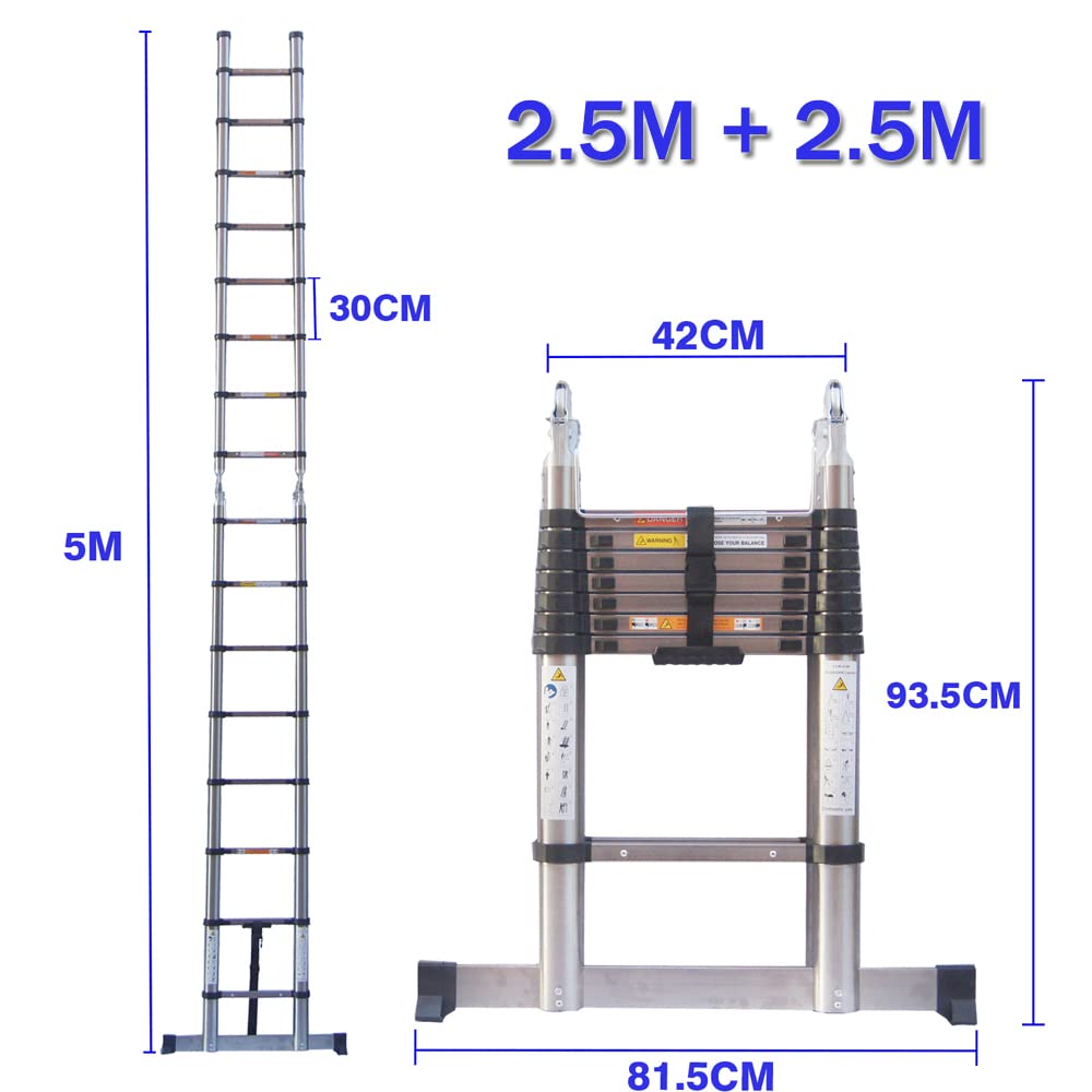 Échelle Télescopique 5M, A-Frame Escabeau Telescopique Pliant en Acier Inoxydable, 2 en 1 Multifonction Echelle Pliable Extensible, Charge Max 300 lbs, 2,5M + 2,5M