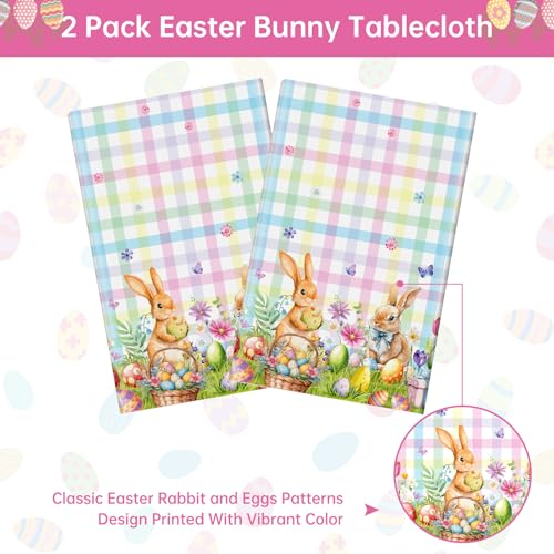 2-Pcs-Easter-Bunny-Tablecloth-Easter-Plastic-Buffalo-Plaid-Tablecloth-Spring-Flower-Cute-Rabbit-Colorful-Eggs-Rectangle-Table-Cover-for-Table-Decorations-Party-Decor-Supplies-Favors-108-x-54-Inch 2 Pcs Easter Bunny Tablecloth Easter Plastic Buffalo Plaid Tablecloth Spring Flower Cute Rabbit Colorful Eggs Rectangle Table Cover for Table Decorations Party Decor Supplies Favors 108 x 54 Inch