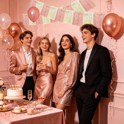 Image of BEISHIDA 3 Packs Metallic Foil Fringe Garland Champagne Rose Gold Wall Hanging Tinsel Fringe Banners for Car Floats Bridal Shower Wedding Birthday Easter Graduation Holiday Party Decoration(30 Feet)