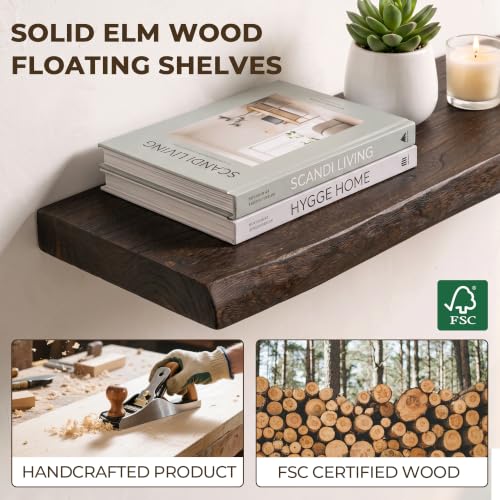 Image of Live Edge Elm Floating Shelves - 48 In Rustic Solid Wood Shelves with Heavy-Duty Invisible Bracket, Wall-Mounted Wooden Shelf for Living Room, Bathroom, Kitchen Storage & Display, Set of 1, Walnut