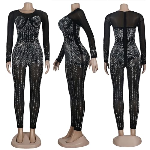 Image of Jigfar Women Sexy Embellished Rhinestone Bodycon Jumpsuit Mesh See Through Patchwork Birthday Party Night Out Clubwear