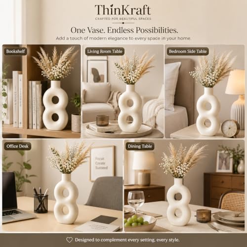 Image of Ceramic Flower Vase for Home Decor - Off White Matte Finish Abstract Hollow Design 23cm - Decorative Vase for Pampas Grass, Artificial Flowers, Living Room & Bedroom