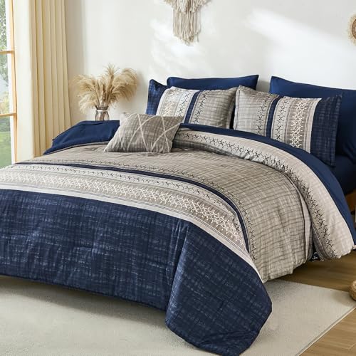 Image of Dintszyayue Blue King Comforter Size Set, 8 Pieces Boho Grey Striped Texture Bed in a Bag Sets, Lightweight Soft Bohemian Comforter and Sheet Set, All Season Microfiber Bedding Sets for Men Women