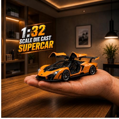 Image of GRAPHENE 1:32 Scale Diecast Pullback Metal Toy Car for Boys High Speed Friction Premium Realistic Model Sports Car Miniature Openable Doors Trunk Light Music Best Gift for Boys Girls for 2+ (Orange)