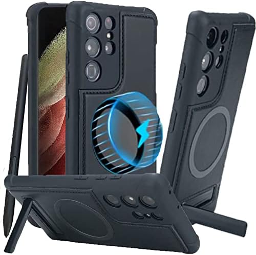 KUGEW S Pen Holder Case for Samsung Galaxy S21 Ultra 5G Compatible with MagSafe, Built-in Kickstand & S Pen Slot Magnetic Ring Luxury Leather Back Metal Stand 4 Corners Rugged Bumper Cover (Black)