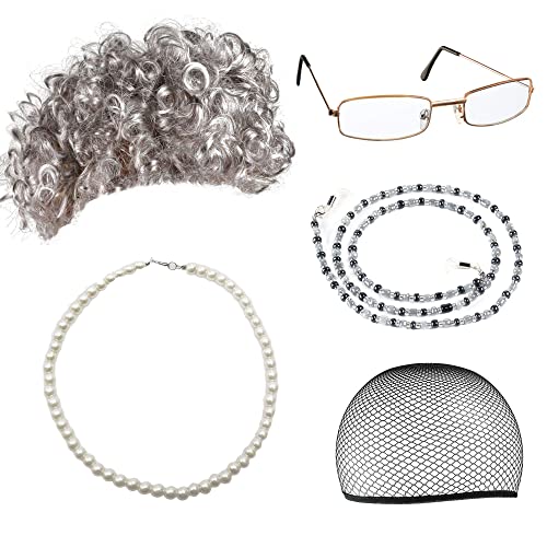 Juephe Old Lady Cosplay 5Pcs Set - Grandmother Wig, Wig Cap, Granny Glasses, Eyeglass Chains Cords Strap, Artificial Pearl Necklace Fancy Dress Accessories (style 1)