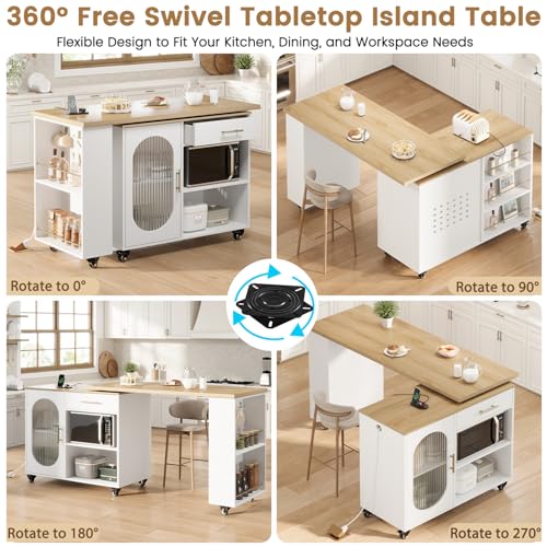Image of HSH 71 inch Rolling Kitchen Island with Storage Seating on Wheels, White Oak | Mobile Island With 360 Swivel Table, With Power Outlet, Storage Cabinet, Open Adjustable Shelves Fit In Microwave