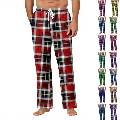 Mens Pajama Pants Plaid, Lightweight Cozy Lounge Sleepwear with Drawstring Baggy Comfy PJ Daily Wear Bottoms Trousers