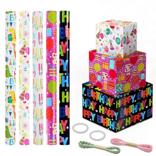 Druuzyl Geschenkpapier 5 Rollen Geschenkpapier Geburtstag Kinder 43cmx300cm Geschenk Verpackungspapier Rolle Karikatur Verpackungspapier für Geburtstage Hochzeiten Babypartys Partys und Geschenke