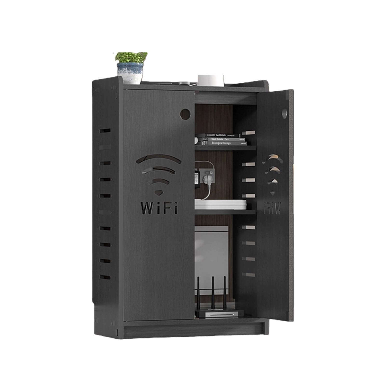 MESCXTY WiFi Router Storage Cabinet, Floor Standing Modem,with Adjustable Shelves,Power Strip Cable Management Hider Organizer(Black,19.6x31.5x9.8in)