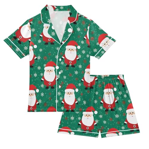 Satin Pajama Sets Short Sleeve Santa Claus on Green Background Button Down Silky Nightwear 2 Piece PJS 5-14Y