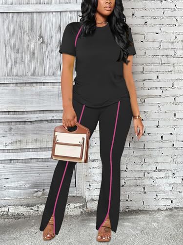 Image of STOLKISS Women 2 Piece Outfits Summer Workout Sweatsuit Striped Short Sleeve Long Flare Pants Casual Travel Tracksuit