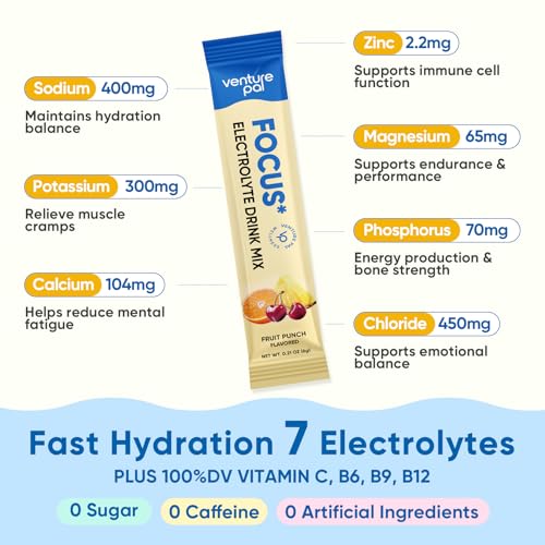 Image of Venture Pal Sugar Free Hydration + Focus Electrolyte Packets, 16 Sticks | 7 Electrolytes + Vitamins, Magnesium, Lion's Mane & Ashwagandha, Boost Clarity & Energy, Electrolytes Powder, Vegan, Keto