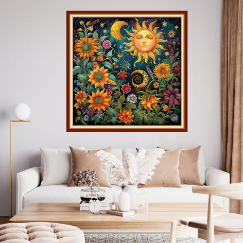 Image of Funchey Stamped Cross Stitch Kits, DIY Cross Stitch Pattern for Adults Beginners Needlepoint Kits Embroidery Kit Arts and Crafts 11CT& Magic Sun Moon Flowers 18x18 inchs