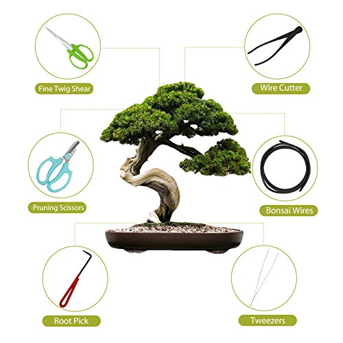 Bonsai Tools Set 11pcs Gardening Trimming Tools Set Bonsai Tree Tools Kit with Pruning Shears, Root Pick, Tweezers, Bonsai Wires, Wire Cutter and Scissors, Leather Bag for Garden Plant(11 PCS)
