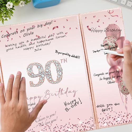 Image of DARUNAXY Rose Gold 90th Birthday Party Decorations, Happy 90th Birthday Alternative Signature Guest Book for Women Pink Cheers to 90 Years Old Gifts 90 Birthday Signing Card Board Party Supplies
