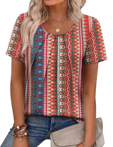 Image of WIHOLL Women T Shirts Pleated Short Sleeve Tops Business Casual Dressy Blouses
