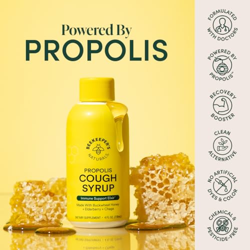 Image of Beekeeper's Naturals Propolis Honey Cough Syrup Daytime for Adults Elderberry, Bee Propolis, Buckwheat Honey - Immune Support & Throat Soothing, 4 oz
