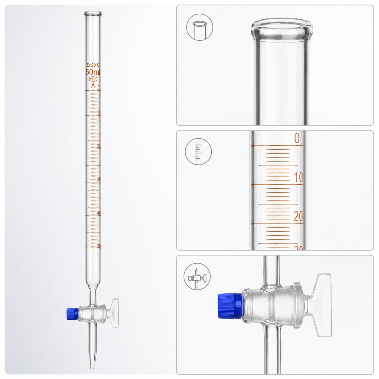 Saure Labor-Volumenbürette mit Glasküken-Ventil-250mL | Vielseitiges Quantitatives Labor-Glasgerät für Chemielabor und Analyse