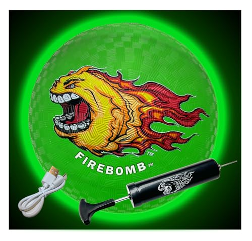 FIREBOMB™ - USB Rechargeable LED - Rubber DodgeBomb™ Playground Ball - 8.5 inch - Green - Outdoor Fun Four Square Handball Dodgeball Kids Recess Sports Activity