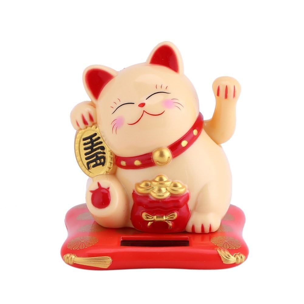 Lucky Cat Car Dashboard Decor | Solar Powered Waving Maneki Neko Fortune Cat Statue | Cute Lucky Cat Ornament for Car, Office, Home & Desk | Feng Shui Wealth Gift | 7 cm-image-9
