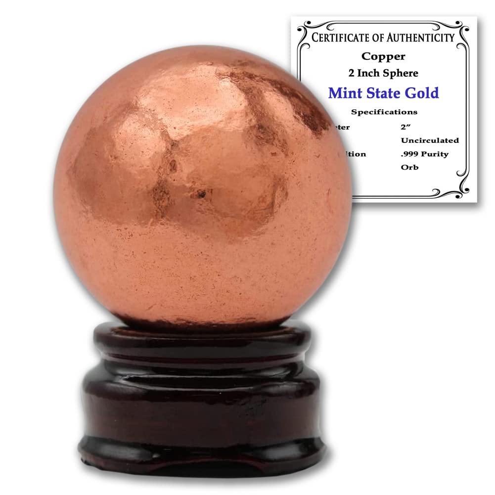 MINT STATE GOLD Copper Ball Paperweight with Wooden Base | 2" (50.8 mm - 1.29 lb) 99.9% Pure Solid Sphere with Certificate of Authenticity