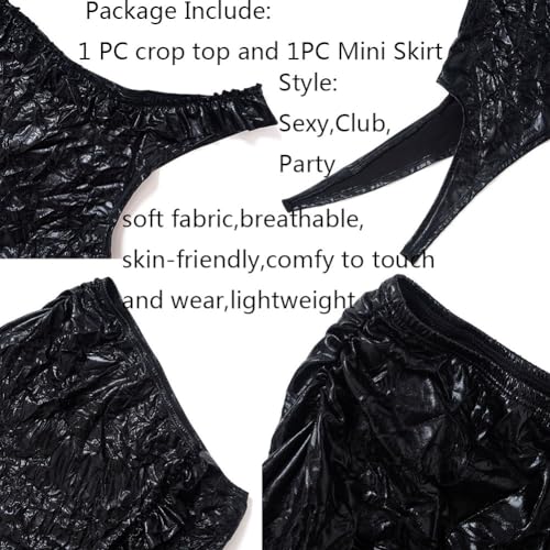 Women's 2 Pieces Metallic One Shoulder Ruched Cut Out Crop Tops Sleeveless Asymmetric Ruffle Tank Shirt Mini Skirt Set4