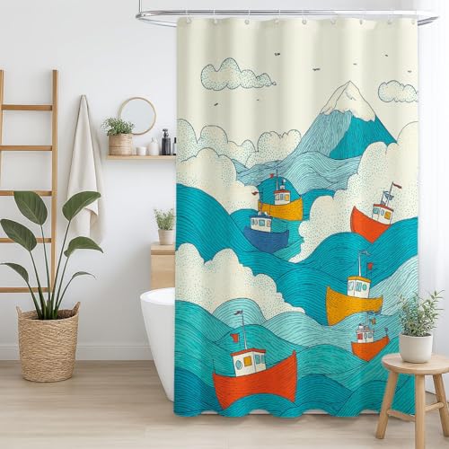 Rideau De Douche Bleu Beige Dessin Animé Fantaisie Mer Bateau à voile Rideau De Bain 180 x 180 cm Tissu Anti Moisissure Imperméable Lavable Rideaux Salle De...