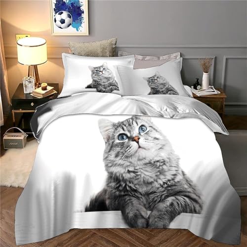 Housse de Couette Chat Gris 3D 140x200 microfibre avec taie d'oreiller