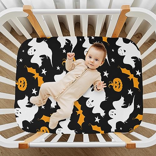 Image of Pumpkin Ghost Halloween Crib Sheets Soft Breathable Fitted Baby Playard Sheets Mattress Cover for Girl Boys, 39 inch x 27 inch x 5 inch