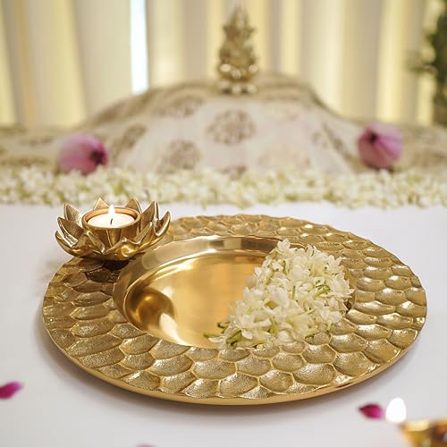 Image of BEHOMA Golden Lotus Tray with Tea-Light Holder, 30cm | Golden lotus tray with tea-light holder & honeycomb design, 30cm; ideal wedding & mehndi thali gift.