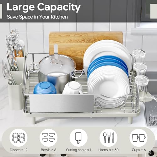 Image of Stainless Steel Dish Drying Rack - Large Capcity 304 Grade Dish Drainer for Kitchen Counter with Drain Board, Utensil Holder & Detachable Cup Shelf, Rustproof Multifunctional Organizer, Light Green