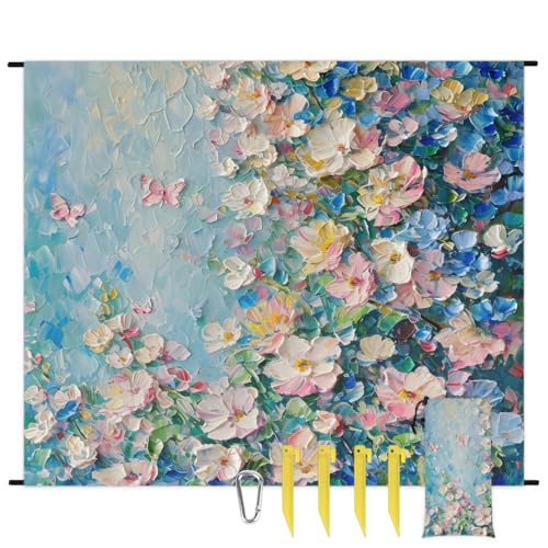 Eabrults Waterproof Sandproof Beach Blanket, 59''×68'' Flower Polyester Outdoor Picnic Blanket with 4 Stakes & Storage Bag for Beach,Camping,Vacation Oil Paintings