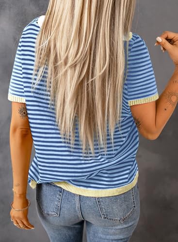 Image of Dokotoo Womens Tops 2026 Casual Summer Crewneck Short Sleeve Striped Color Block Knit High Low Trendy Pullover Sweaters