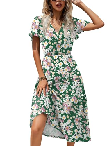 Image of Zeagoo Women's Summer Casual Dress Flutter Short Sleeve V Neck Button Down Tiered Flowy Long Dress with Pockets
