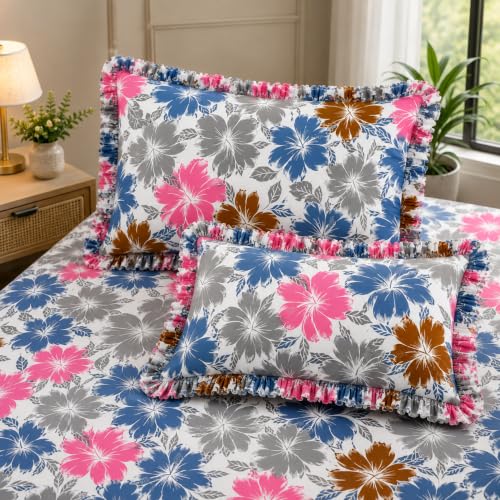 Image of Fitted Bedsheet Queen Size 300 TC Soft Cotton Feel Microfiber All Around Elastic Fitted Double Bedsheet with 2 Frill Pillow Covers | Size (60x78) Rangoli