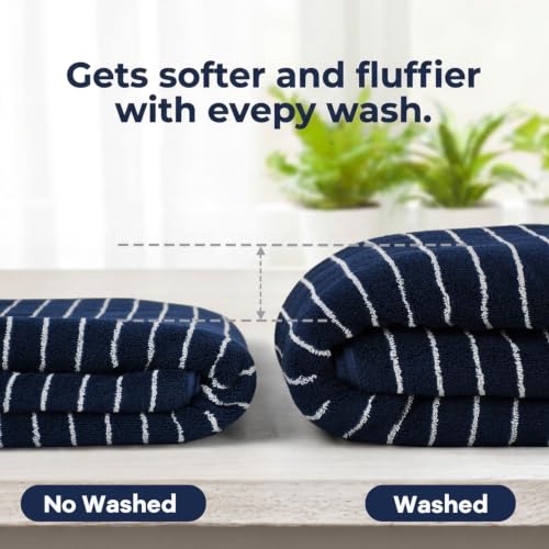 Image of Navy Blue Bath Towels Set of 2, Striped Towels for Bathroom, Pool & Shower