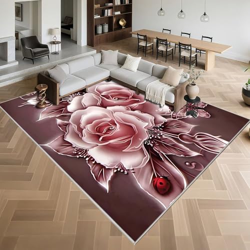 Kunsen Alfombras Dormitorio Pelo Corto 160x230cm,Patrón Floral,Antideslizantes para Salón,Terraza,Debajo del Escritorio Pink