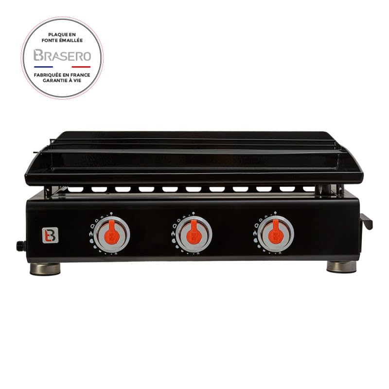 BRASERO - Plancha Silvia II G 3 Feux Brasero - Plaque Fonte émaillée 67 x 34 cm, Fabriquée en France - 3 brûleurs - Grille de réchauffement + Housse offerte - Jusqu'à 10 convives