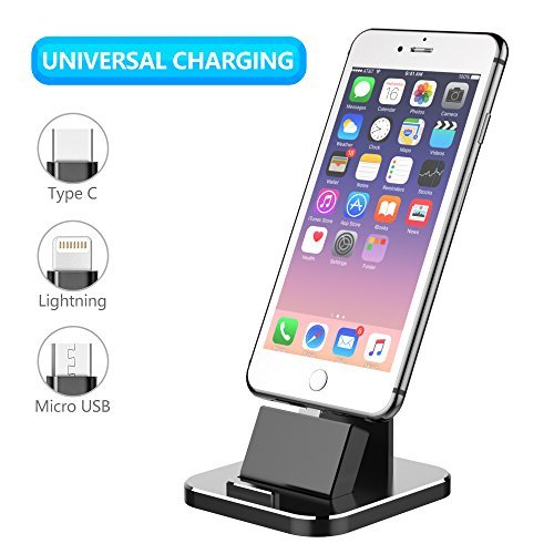 Cell Phone Charger Dock, XUNMEJ Universal Desktop Charging Stand Station for All Android Smartphone Samsung, iPhone X 8 7 6 Plus with Cable for Micro USB Type-C Apple iOS -Black