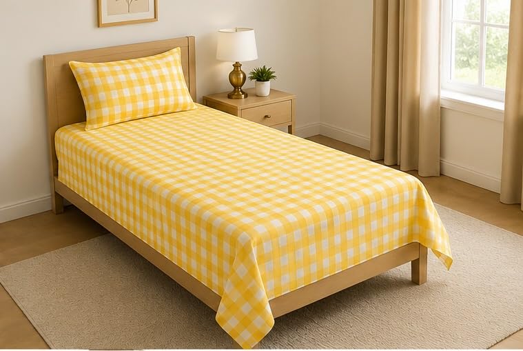 Image of Jashan 210 TC Premium Glace Cotton Comfort Elegent Design Bedsheet with Pillow Cover - Ultra Soft Cotton Single Bed Sheet for Daily Comfort - YellowCheck Elegent 60x90 Inche