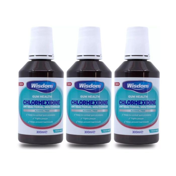 Wisdom Chlorhexidine Antibacterial Mouthwash Alcohol Free Fresh Mint Gum Health 300ml Pack of 3