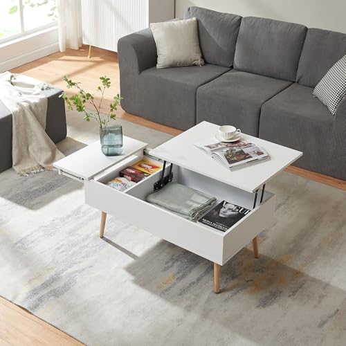 [en.casa] Mesa de Centro Flesen con Tablero Elevable y Extraíble Mesa Baja Rectangular con 2 Compartimentos Internos Mueble Auxiliar Mesita para Salón 92 x 52 x 41 cm   Blanco